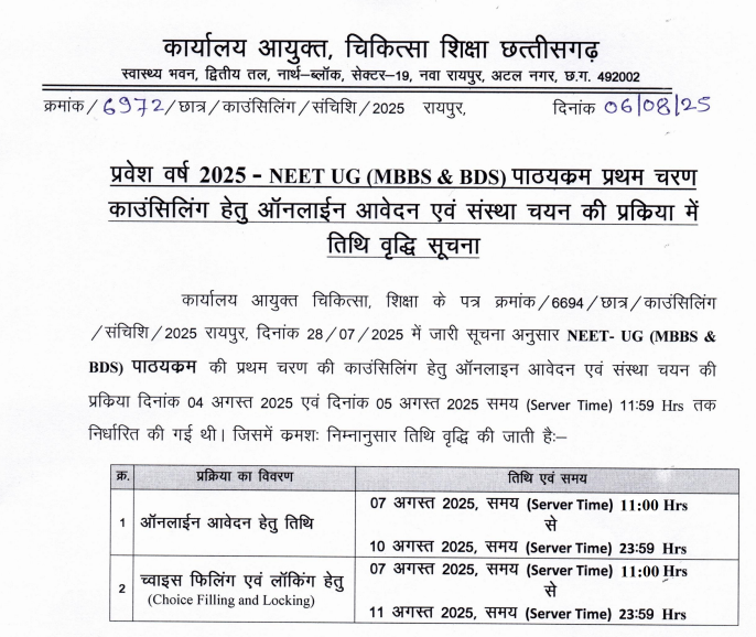 Chhattisgarh NEET UG 2025: Check New Revised Dates, Registrations at cgdme.admissions.nic.in